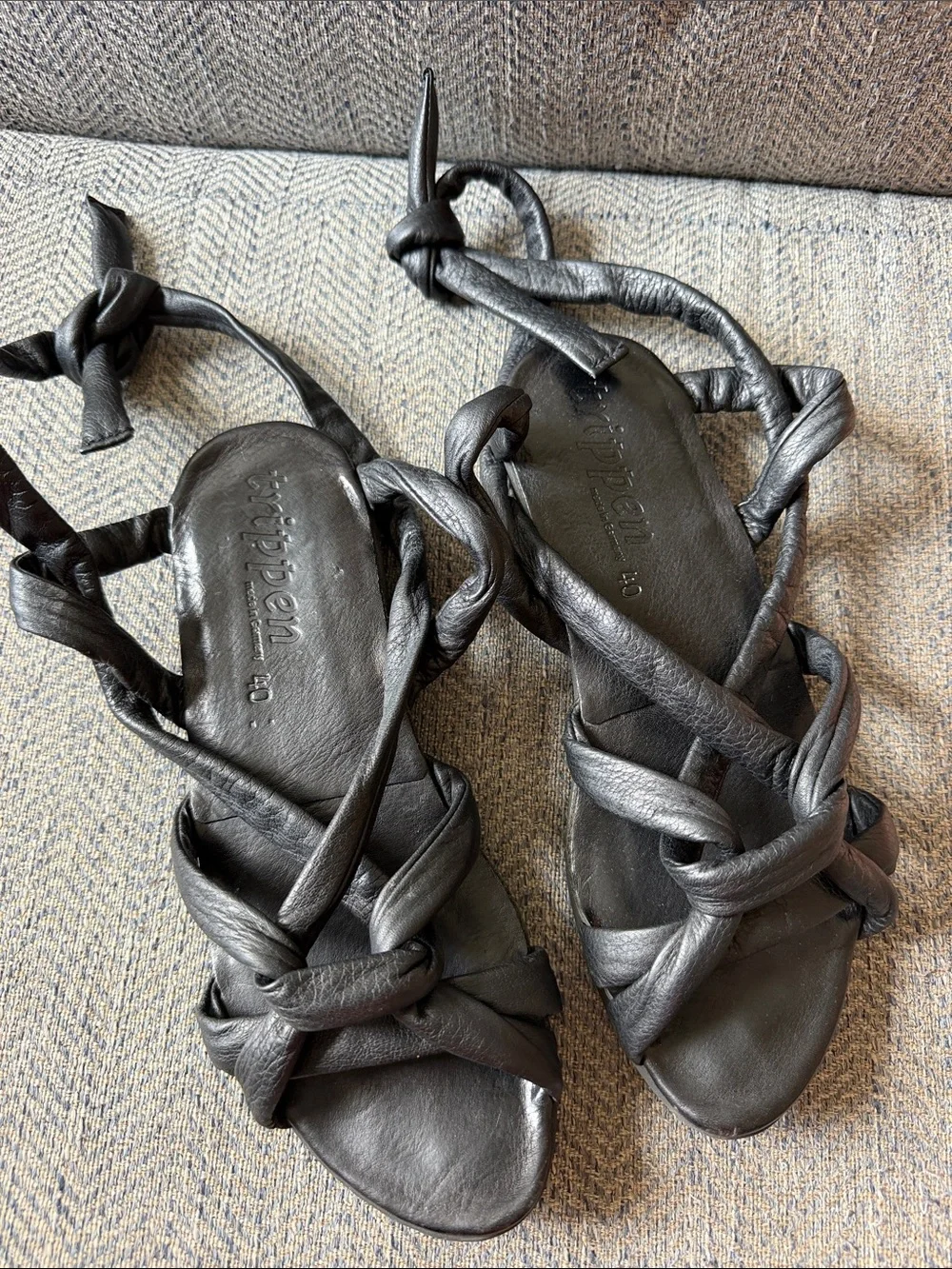 TRIPPEN | Gossamer Lust Black Leather Sandals Size: 40